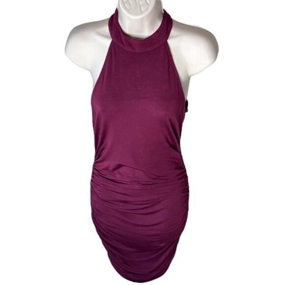 Krisa Ruched Halter Bodycon Mini Dress In Burgundy NWT Size Small - Picture 1 of 5
